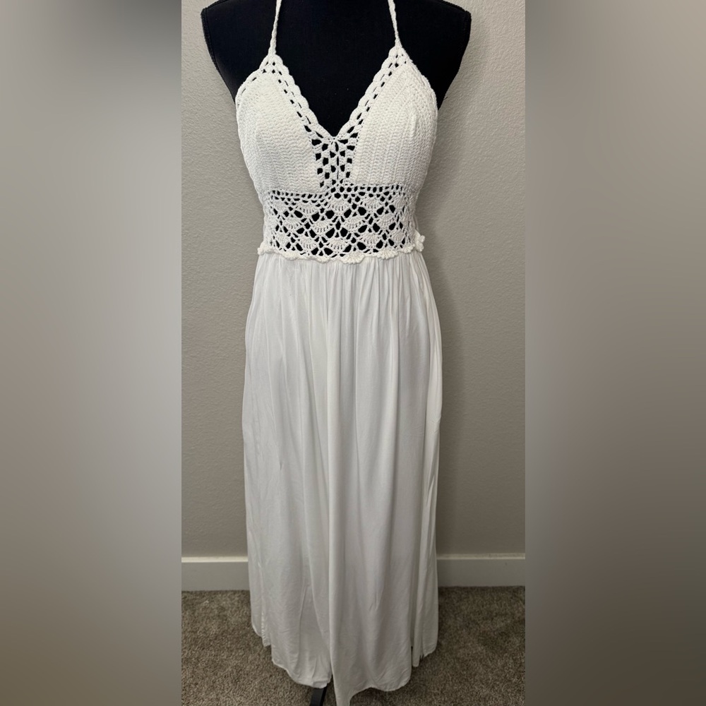 White Crochet Maxi Dress with low back